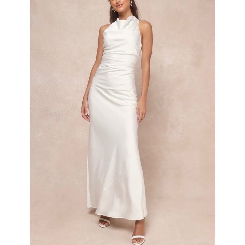 NWT Lulus Effortlessly Sensational White Satin Backless Maxi‎ Dress Wedding S